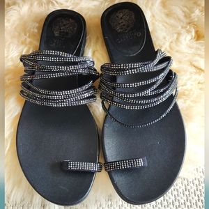 Vince Camuto Toe Loop Embellished Bling Sandals Sz 9 Black / Pewter